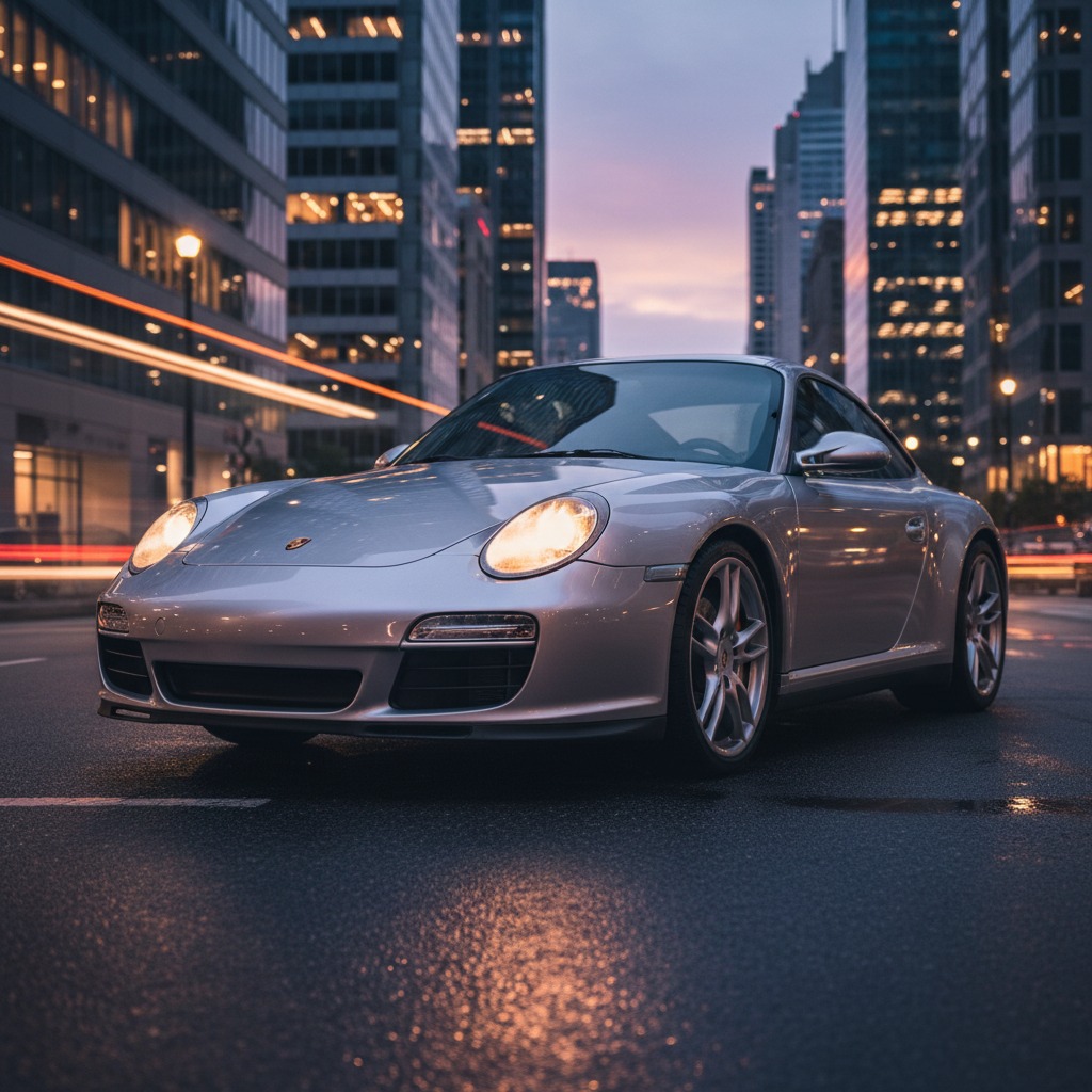 A silver Porsche sports car parked on a wet city street at dusk with skyscrapers in the background.