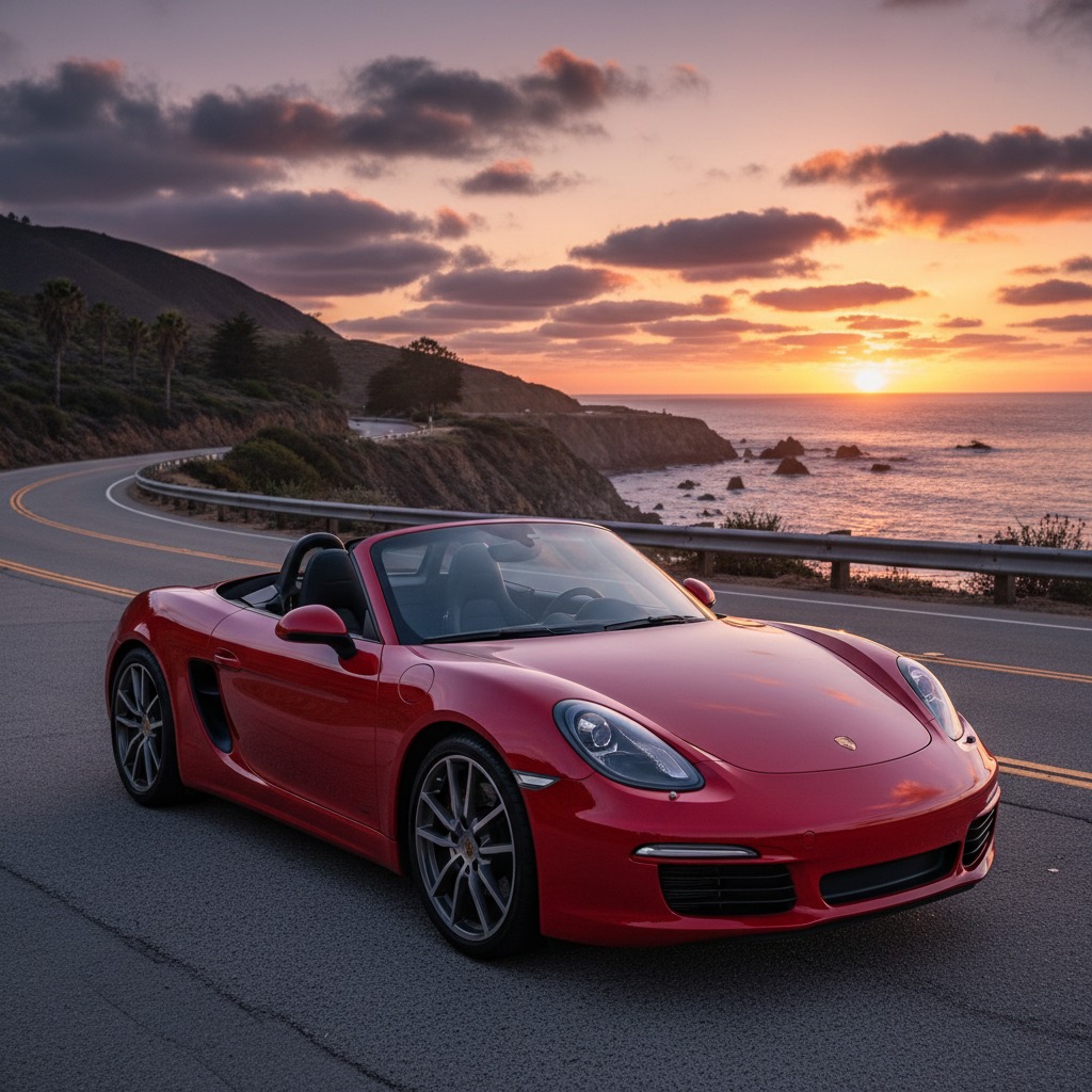 A red Porsche convertible parked on a coastal road during a vibrant sunset.