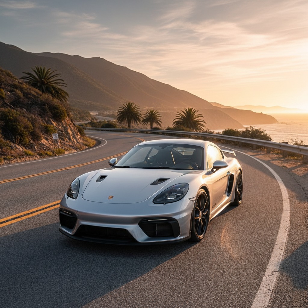 A silver Porsche sports car drives along a winding coastal road at sunset.