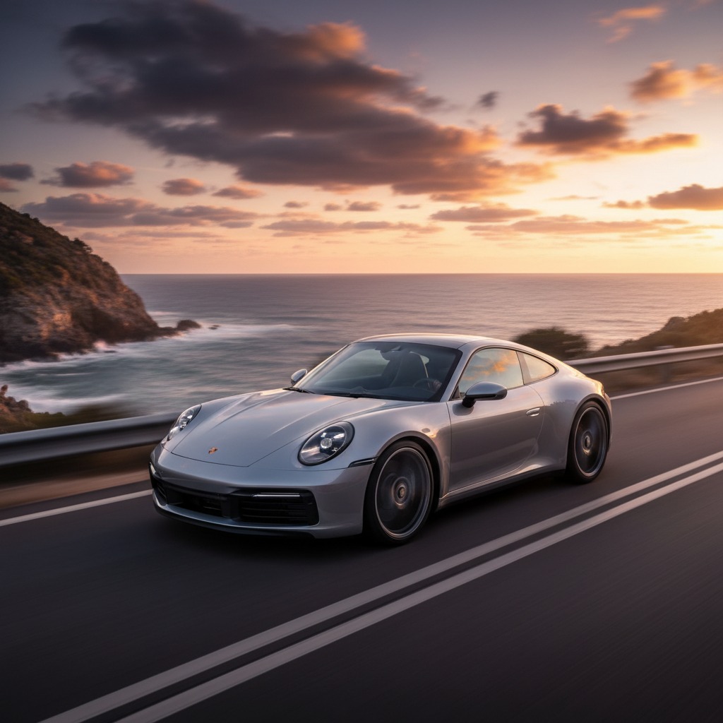 A silver Porsche 911 drives along a coastal road during a golden sunset.