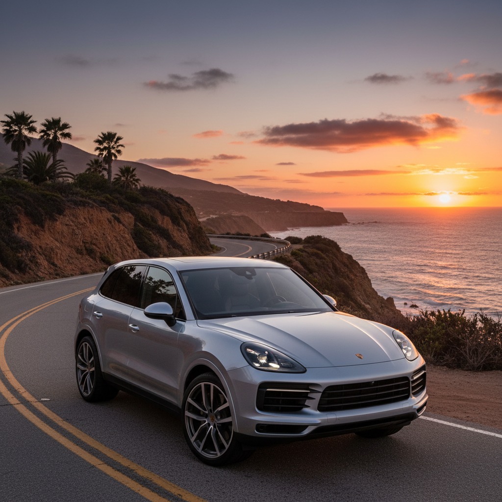 A silver Porsche Cayenne SUV drives along a coastal road at sunset with palm trees and the ocean in the background.