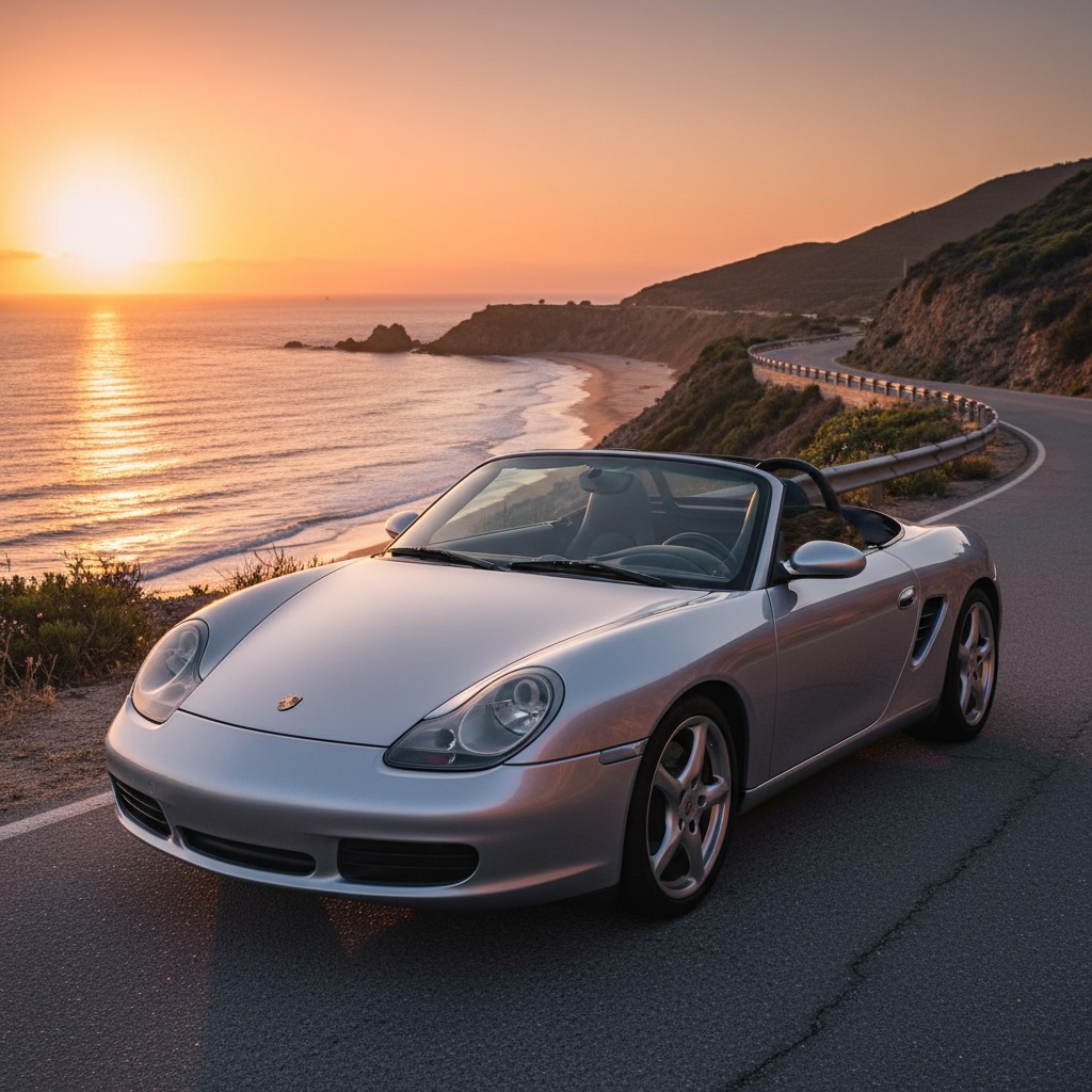 A silver Porsche Boxster convertible parked on a coastal road at sunset.